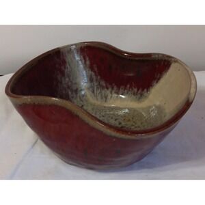 Art Pottery Bowl Hand Crafted Painted Maroon Beige Signed By Artist Original